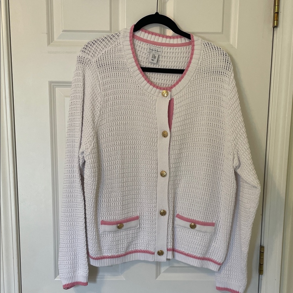 NWOT Nicole Miller White Knit Cardigan Pink Trim 2X